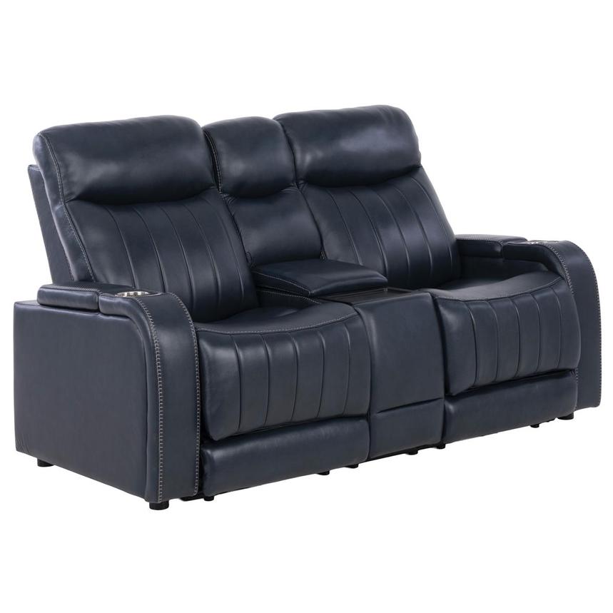 Neptune Blue Leather Power Reclining Sofa w/Console alternate image, 2 of 16 images.