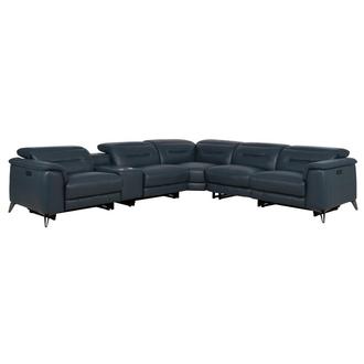 Anabel 2.0 Blue Leather Power Reclining Sectional with 6PCS/2PWR